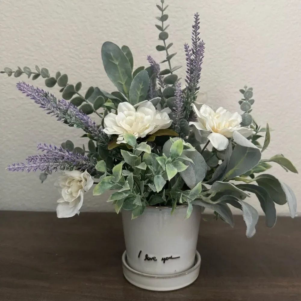 Gray Ceramic Farmhouse Lavender Greenery Planter Floral Arrangement